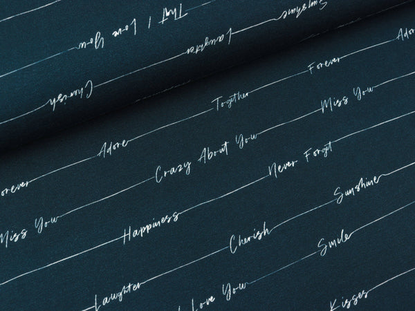 Reststück 150cm - Baumwolljersey Smilla Schriftzüge weiß auf Tiefblau