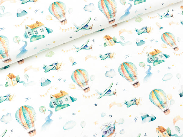 Reststück 11cm - Baumwolljersey Nora Über den Wolken bunt auf Ecru