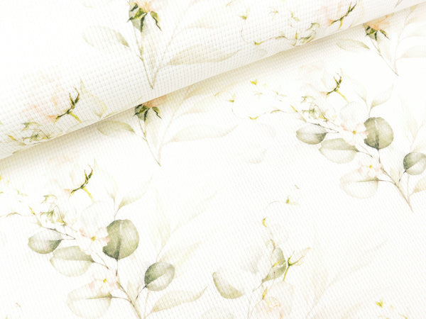 Reststück 83cm - Waffeljersey Ilse Zartes Rosenmuster auf Creme