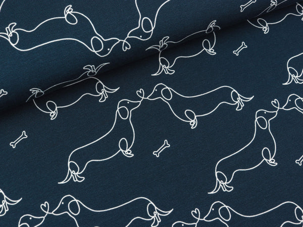 Reststück 25cm - Baumwolljersey Dackel Kalle weiß auf Nachtblau by Christiane Zielinski