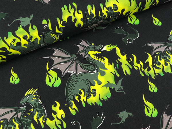 Reststück 94cm - Steinbeck French Terry Mystic Dragons Drachen und Flammen auf Schwarz