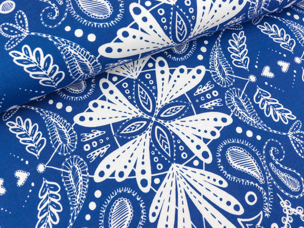 Reststück 45cm - Modalsweat Harmony Paisley weiß auf Royalblau by Cherry Picking
