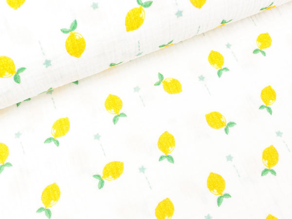 Baumwoll Double Gauze Thea Zitronen auf Weiß