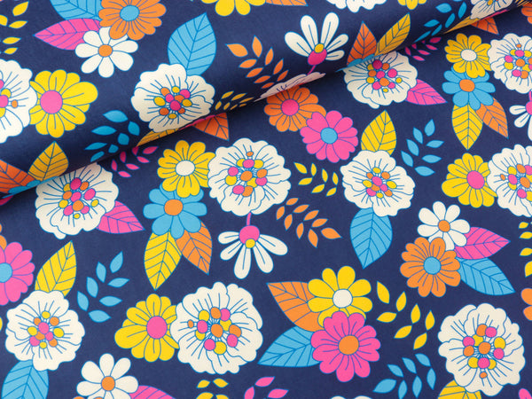 Reststück 84cm - Hamburger Liebe Performance Active Wear Jersey Portofino Blumen bunt auf Blue navy