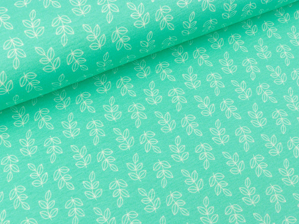 Reststück 84cm - Hamburger Liebe Baumwoll Feinripp Kids Kollektion Sally and Friends Mint Leaves weiß auf Verdino