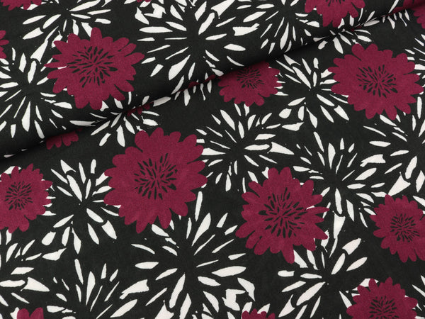 Viskose Webware Antonia Blumen brombeere-weiß auf Schwarz
