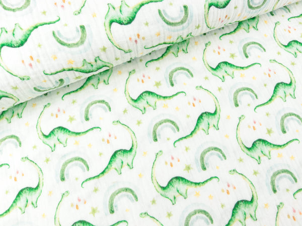 Baumwoll Double Gauze Thea Dinosaurier und Regenbogen bunt auf Weiß