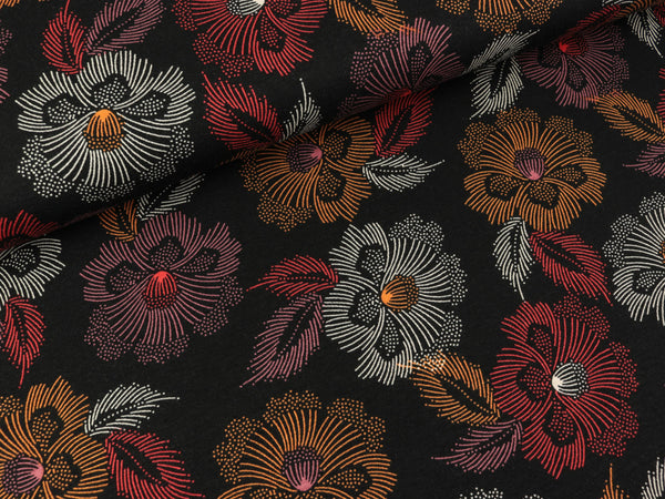 Viskosejersey Flowers terra-messing-weiß auf Schwarz