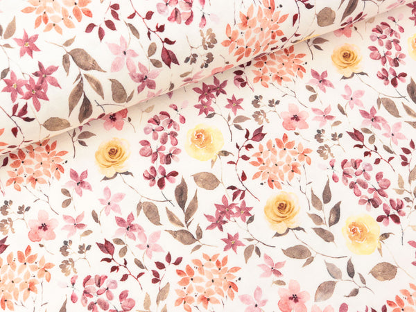 Bio Baumwolljersey Rosen und Blumen bunt auf Creme