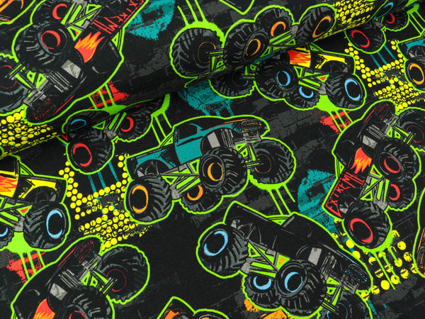 Reststück 58cm - French Terry Petra Monstertrucks bunt auf Schwarz