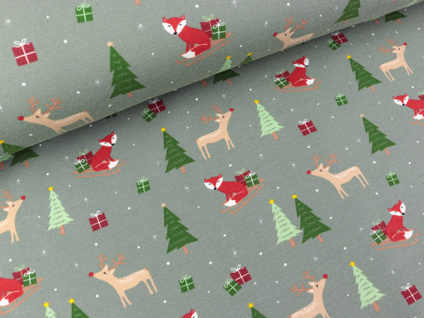 Baumwollsweat XMAS Tiere im Winterwald auf Dusty green