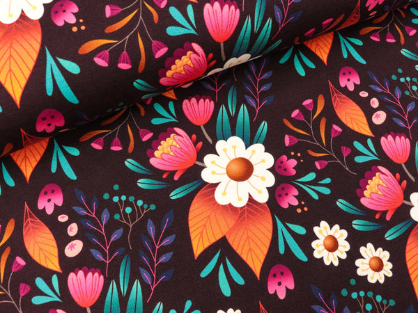 Reststück 150cm - Hamburger Liebe Baumwollsweat Travel the World Secret Garden dunkles bordeaux-bunt