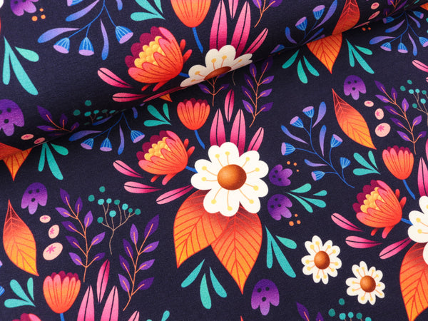 Reststück 71cm - Hamburger Liebe Baumwollsweat Travel the World Secret Garden blue navy-bunt