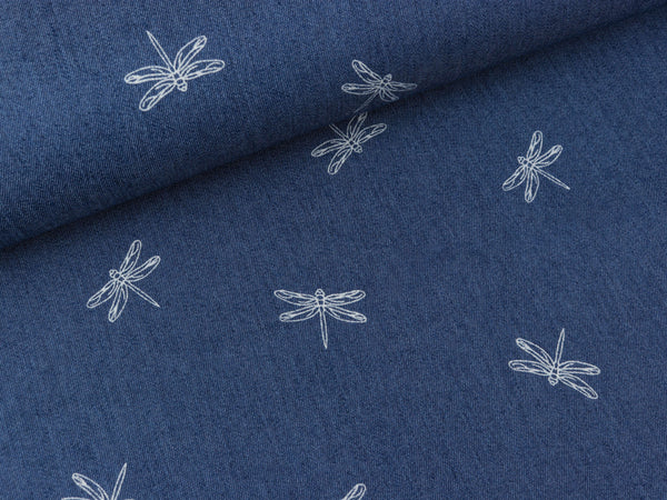 Leichter Jeansstoff Libellen weiß auf Jeansblau