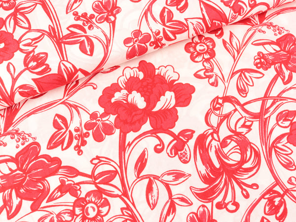 Viskose Popeline Webware Große Sommerblumen rot auf Weiß