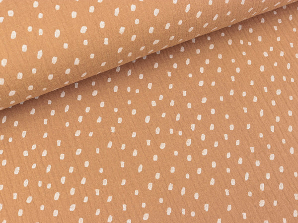 Baumwoll Double Gauze Punkte weiß auf Camel
