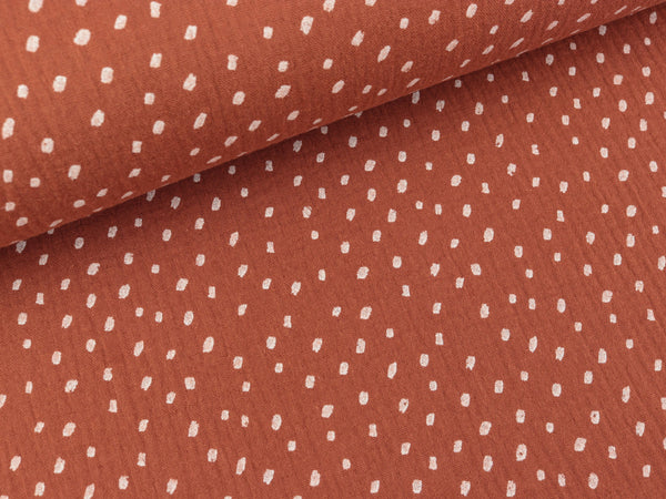 Baumwoll Double Gauze Punkte weiß auf Ziegel