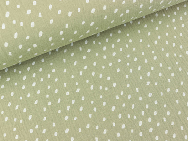 Baumwoll Double Gauze Punkte weiß auf hellem Oliv