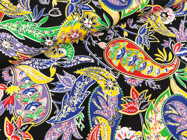 Viskose Popeline Webware Paisley und Blumen bunt auf Navy