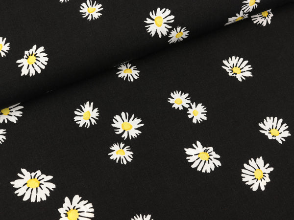Viskose Popeline Webware Gänseblümchen auf Schwarz