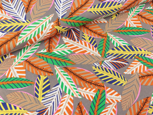 Viskose Popeline Webware Bunte Blätter auf Taupe