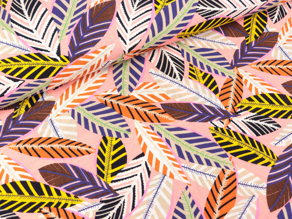 Viskose Popeline Webware Bunte Blätter auf Rosa