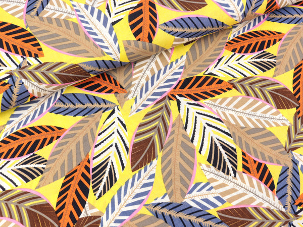 Viskose Popeline Webware Bunte Blätter auf Gelb