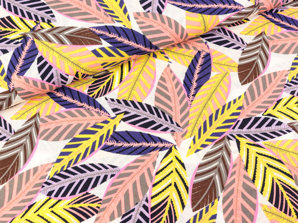 Viskose Popeline Webware Bunte Blätter auf Weiß