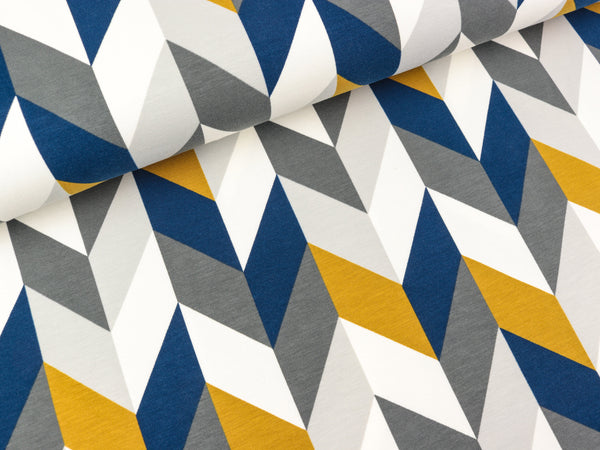 Baumwolljersey Chevy Chevronmuster ocker-weiß-hellgrau-dunkelgrau-dunkelblau