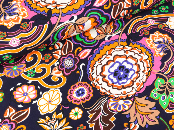 Baumwolljersey Flowers fuchsia-lila-bunt auf Nachtblau