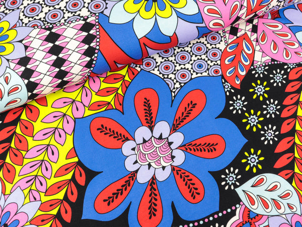 Baumwolljersey Große Blumen und Blätter blau-bunt