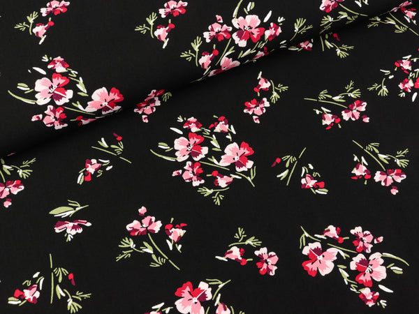 Viskosestoff Radiance Flowers Bartnelken auf Schwarz