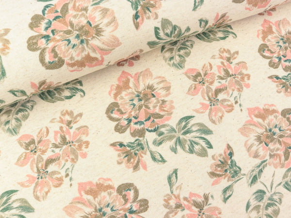 Baumwoll Leinen Jersey Flowers oliv-apricot auf Ecru Digitaldruck