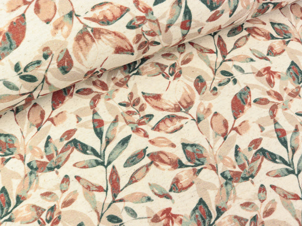 Baumwoll Leinen Jersey Leaves dark green-terracotta auf Ecru Digitaldruck