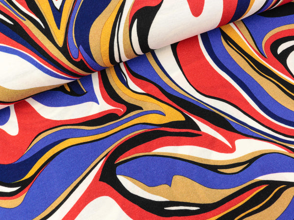 Viskosejersey Curved royalblau-rot-schwarz-weiß