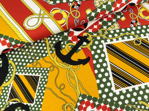 Viskosejersey Maritim Anker und Taue bunt auf Senfgelb