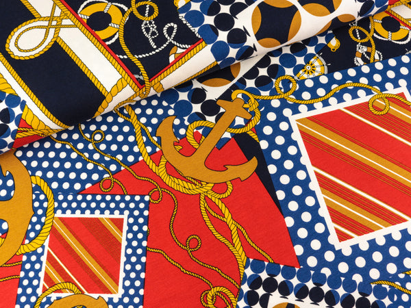 Viskosejersey Maritim Anker und Taue bunt auf Rot