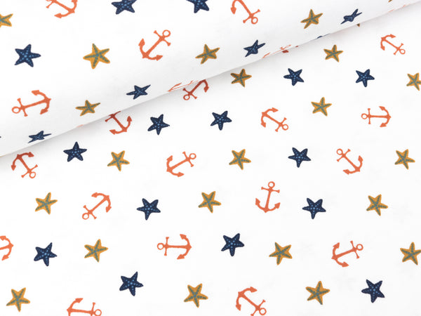 Baumwolljersey Pirates Anker und Seesterne bunt auf Weiß