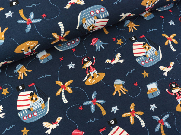 Baumwolljersey Pirates Piratenleben bunt auf Navy