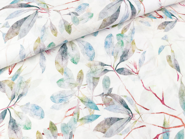 Viskose Webware Radiance Blätter und Zweige bunt auf Ecru Digitalprint