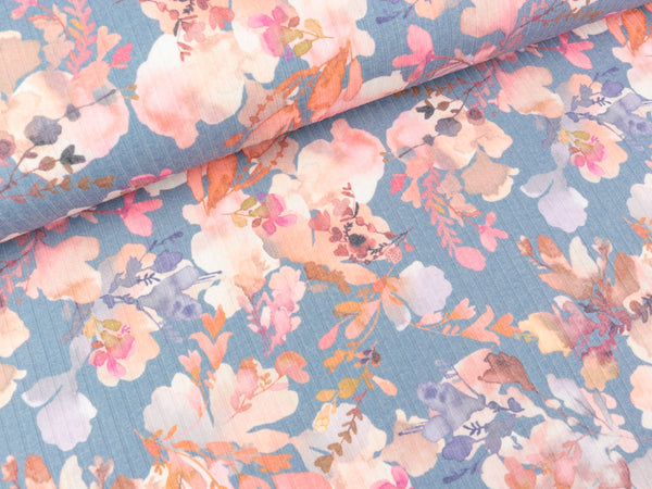 Jersey Rib Leaves bunt auf Blue shadow Digitaldruck