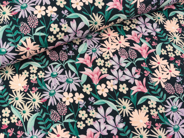 Baumwolljersey Flowers bunt auf Navy by Poppy Fabrics Digitaldruck