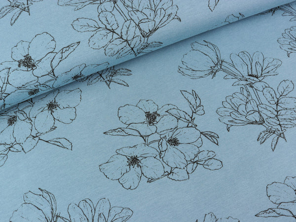 Bambus Jersey Flowers schwarz auf Jeansblau