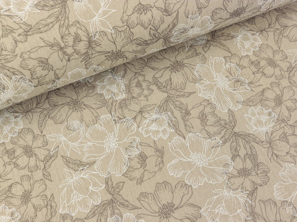 Baumwoll Double Gauze Flowers braun-weiß auf Beige