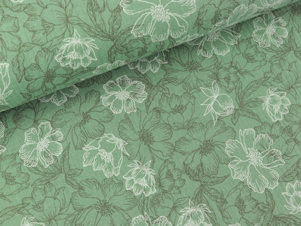 Baumwoll Double Gauze Flowers grau-weiß auf Dusty green