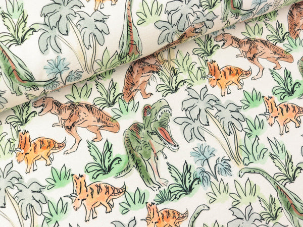 French Terry Dinosaurus bunt auf Off white Digitaldruck