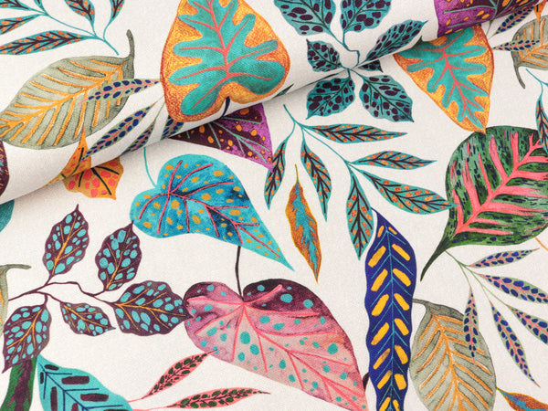 Baumwoll Canvas Leaves Bunte Blätter auf Elfenbein