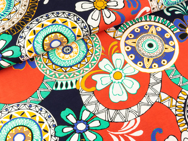 Viskosejersey Große Retroblumen und Kreise bunt auf Rot