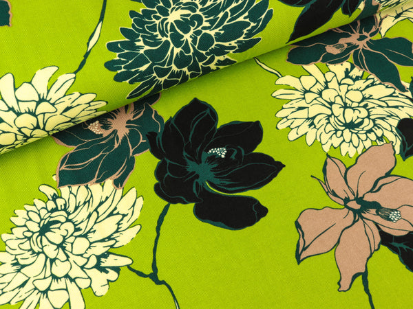 Viskose Twill Print Blumen bunt auf Grün
