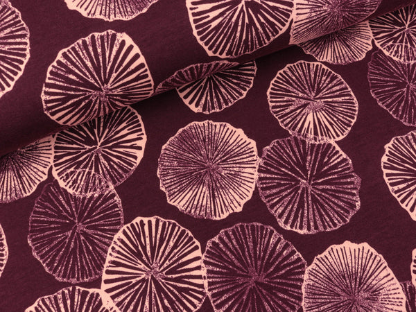 French Terry Brushed Print Blumen rosa auf Bordeaux